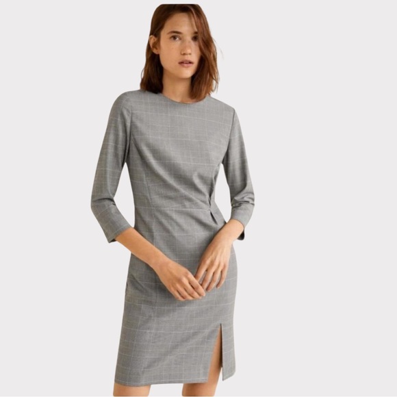 Mango MNG Gray Shift Dress Plaid Long Sleeve Knee Length 4 - Picture 2 of 13